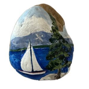Handpainted Decorative Sailboat Lake Scenery Mineral Rock 2008 KKYC Tahoe